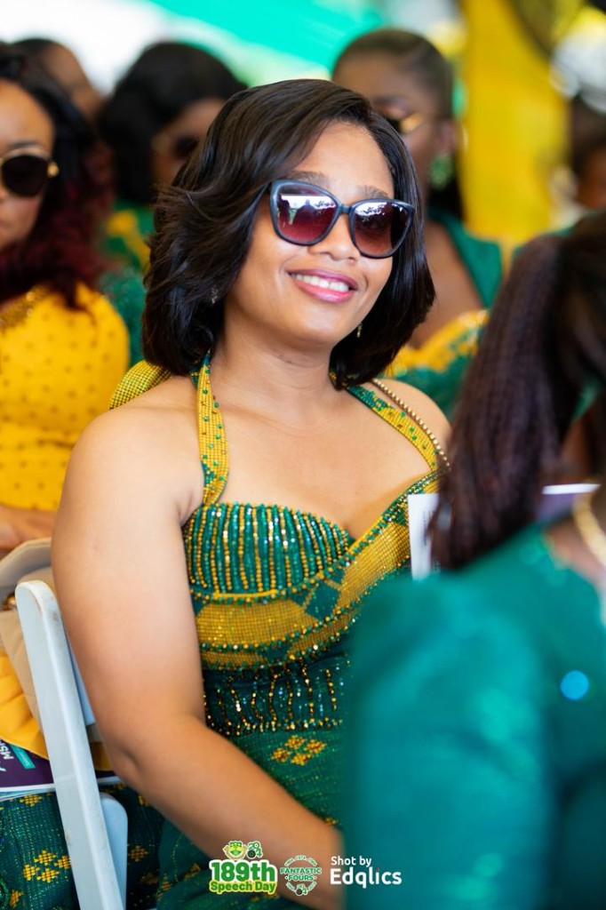 Portrait of a woman in beaded green and gold dress at 189th Speech Day