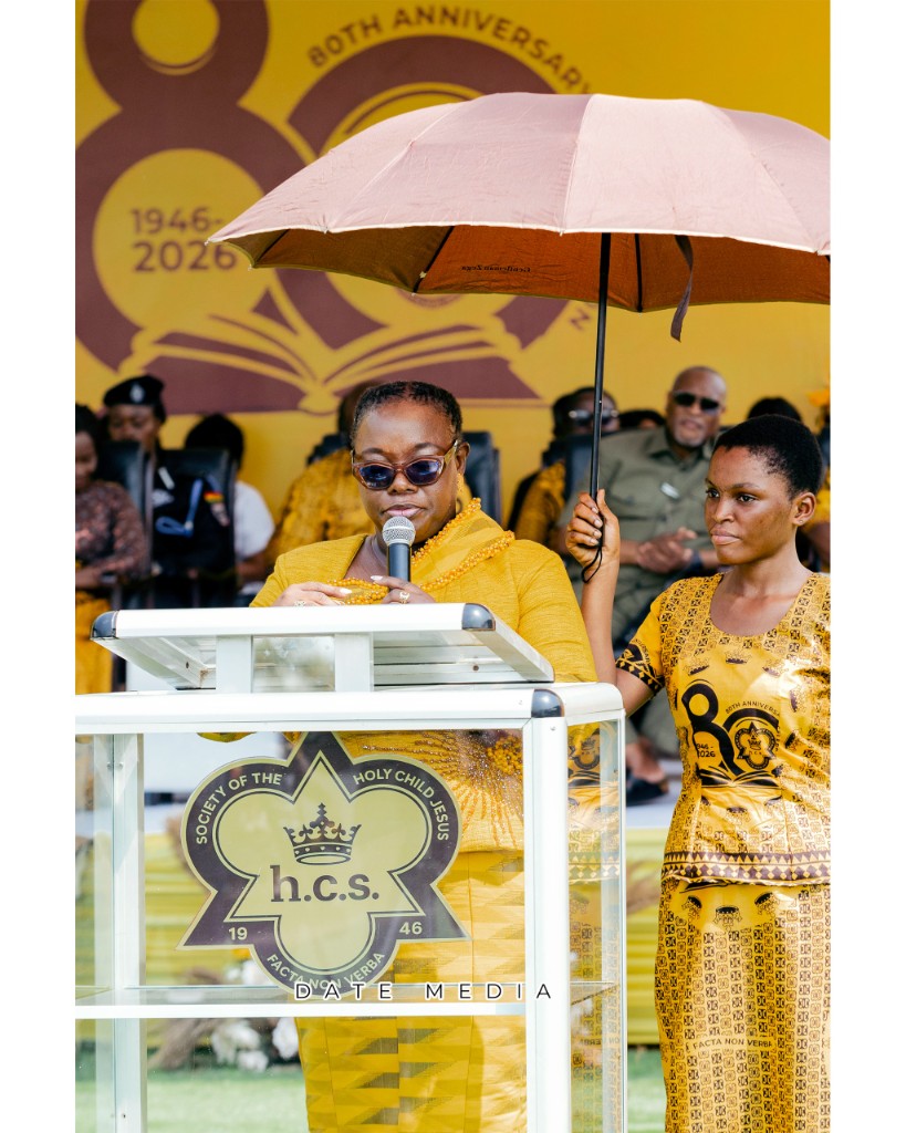 Speaker at Society of the Holy Child Jesus 80th anniversary podium outdoors