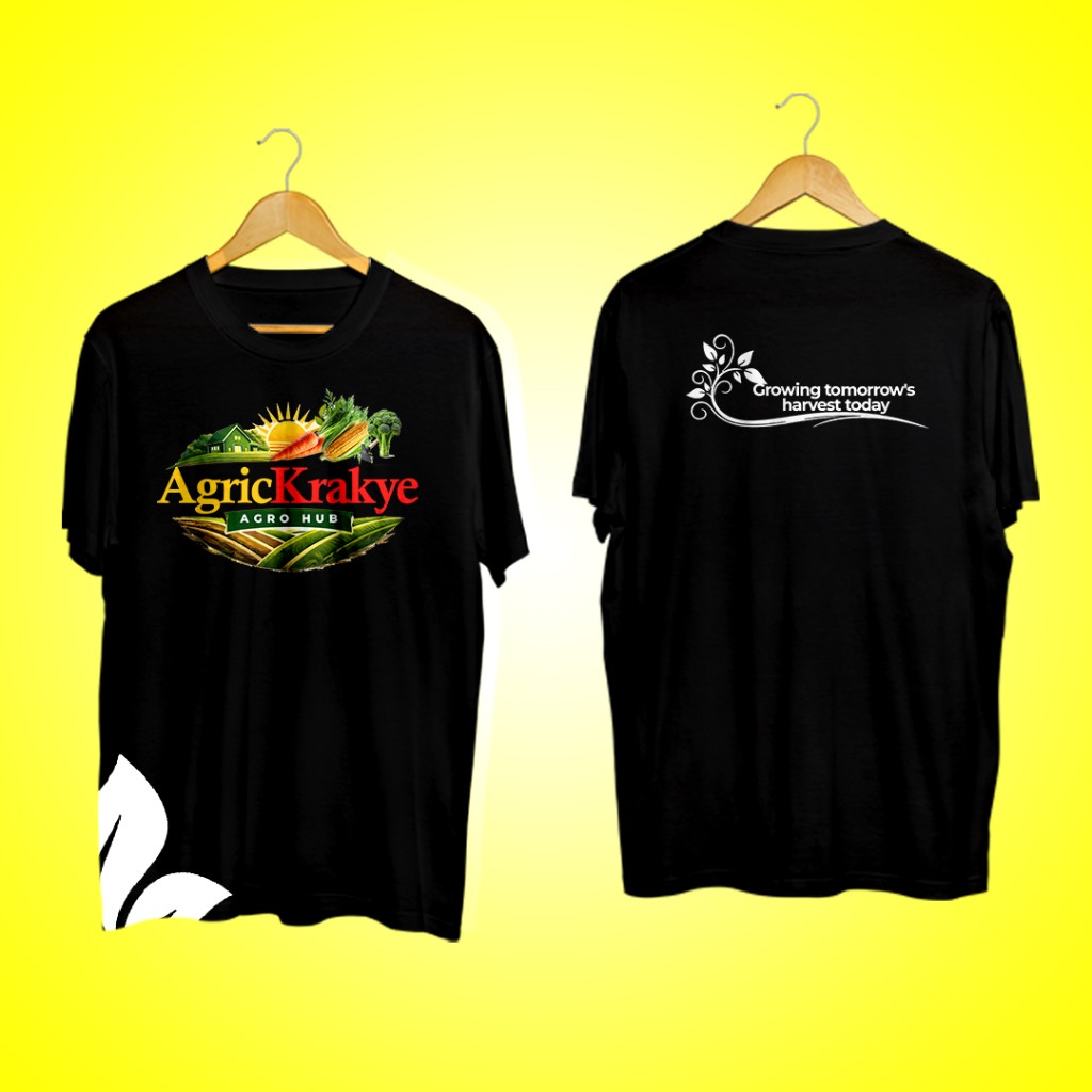 AgricKrakye Agro Hub t-shirt mockup — front and back on black shirts