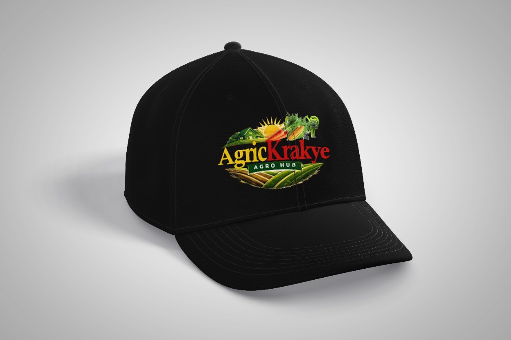 AgricKrakye Agro Hub logo embroidered on a black baseball cap mockup