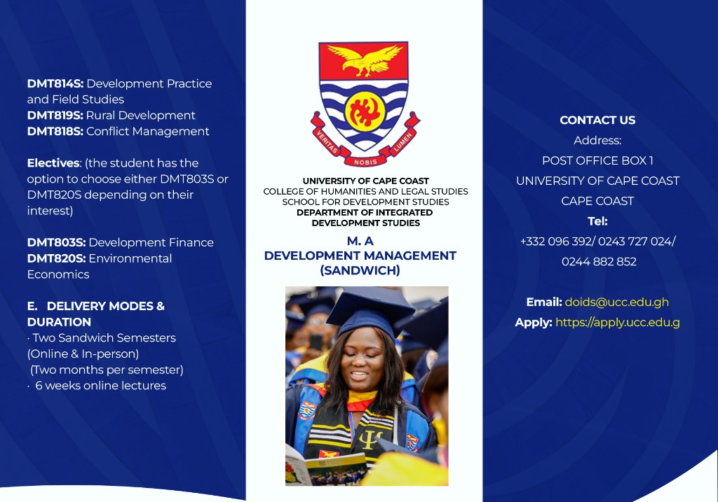 University of Cape Coast M.A. Development Management sandwich program brochure — panel one