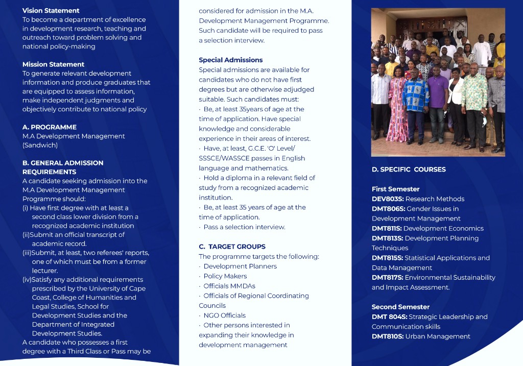 UCC Development Management programme tri-fold brochure — inner layout